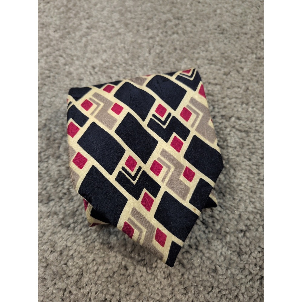 Format Mens Silk Necktie Geometric Abstract Navy Magenta Cream Made in Japan 90s